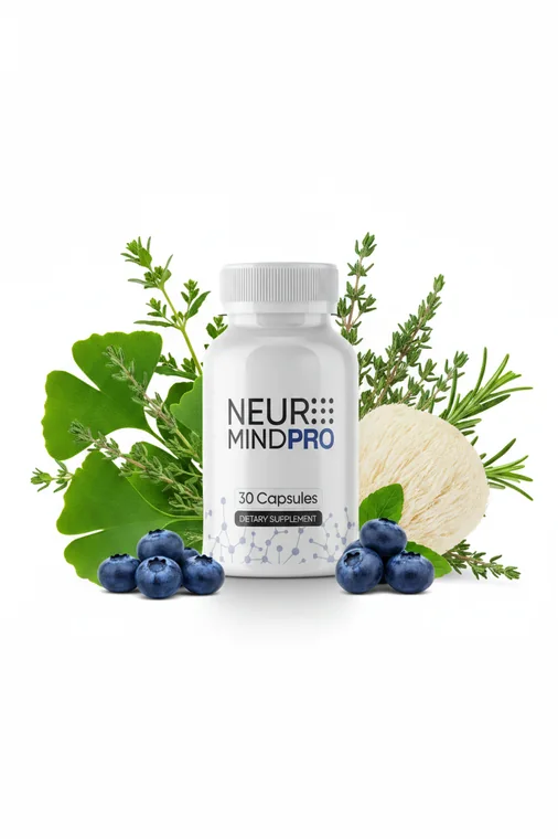 NeuroMind nootropic capsule bottle surrounded by botanical ingredients: ginkgo leaf, lion&rsquo;s mane, rosemary and blueberries