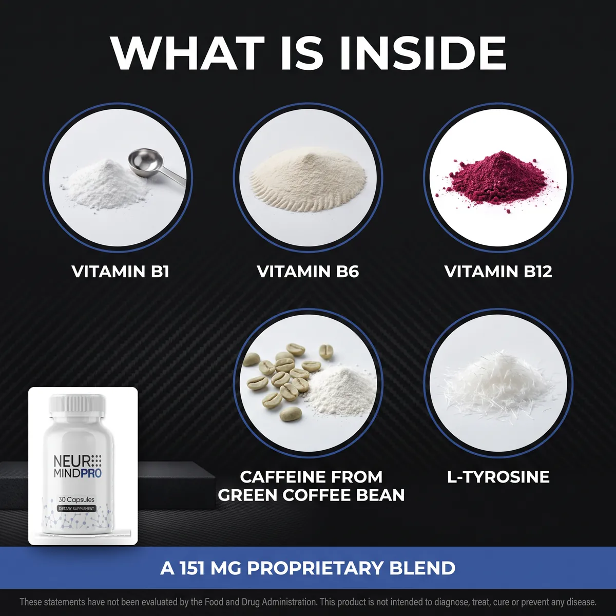What is inside NeuroMind: vitamin B1, vitamin B6, vitamin B12, caffeine from green coffee bean and L-tyrosine in a 151 mg proprietary blend