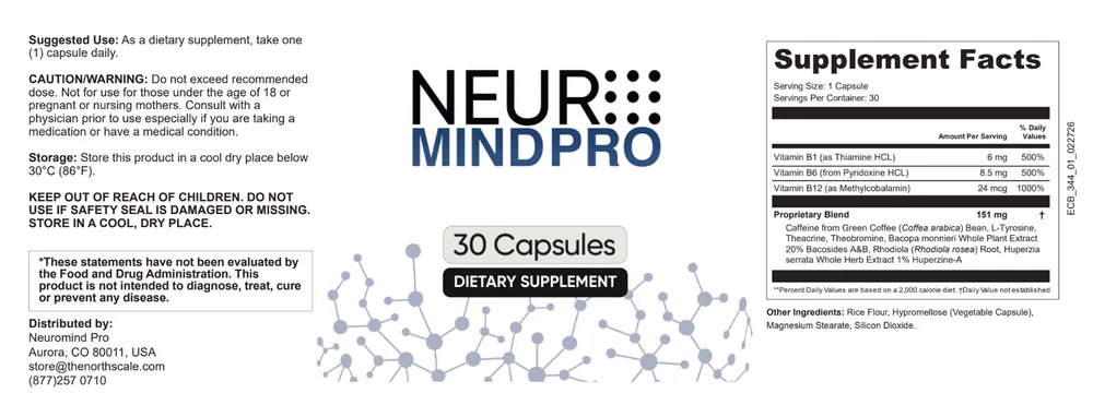 NeuroMind Supplement Facts panel showing vitamin B1 6 mg, vitamin B6 8.5 mg, vitamin B12 24 mcg and a 151 mg proprietary blend, with suggested use and other ingredients